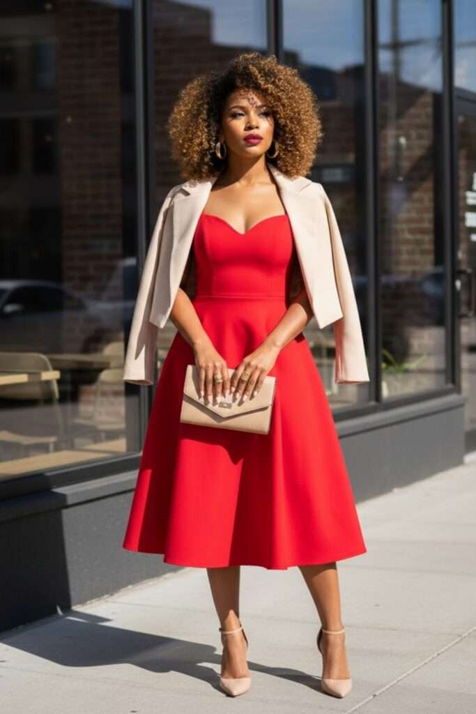 Bold Red Midi with Soft Neutral Layers