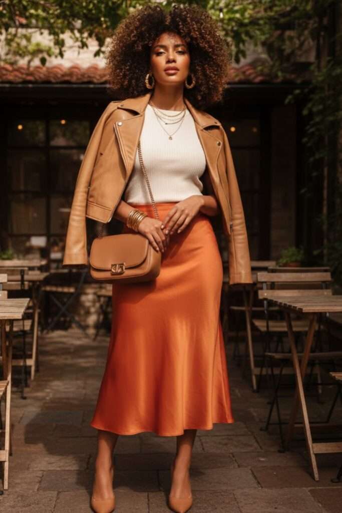 Saffron Satin Midi with Tailored Tan Layers