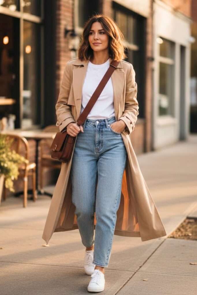 Classic Denim and Camel Trench for Coffee Dates