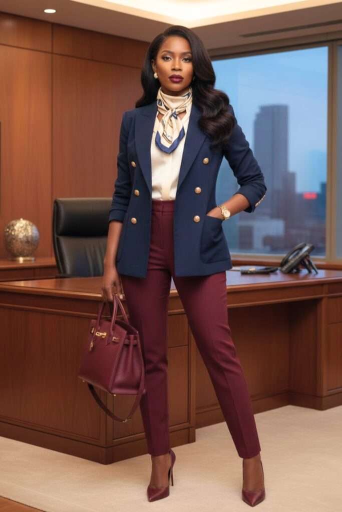 Navy Blazer and Burgundy Trousers with Presence
