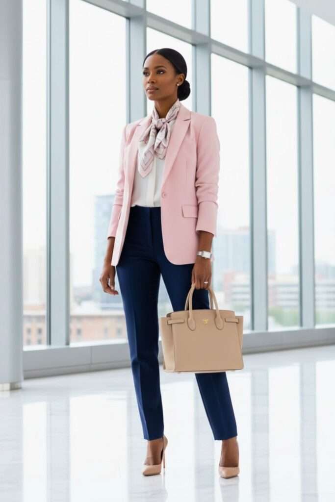 Blush Blazer and Navy Trousers, Redefined Office Chic