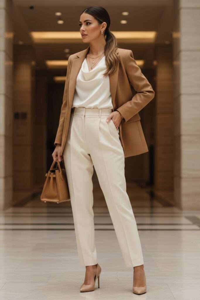 Warm-Hued Blazer with Off-White Trousers for Polished Authority