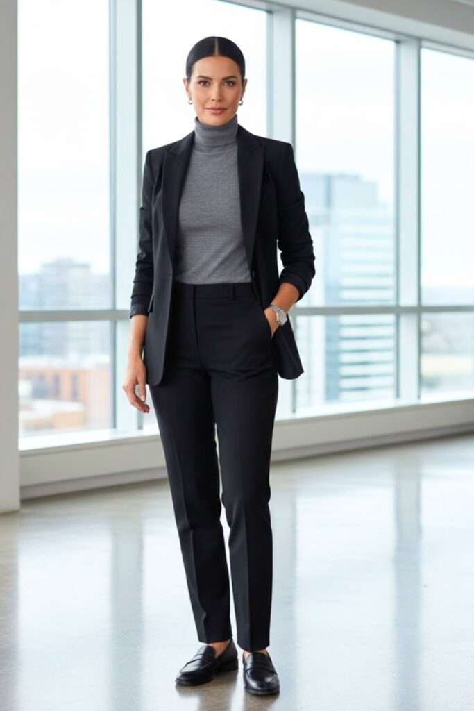 Sleek Monochrome Power Suit with Soft Turtleneck