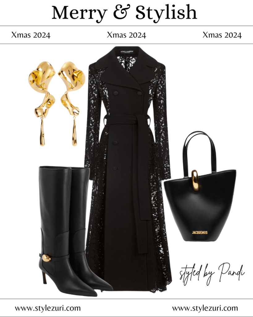 Crisp Wool Wrap Coat with Sleek Boots and Sparkle