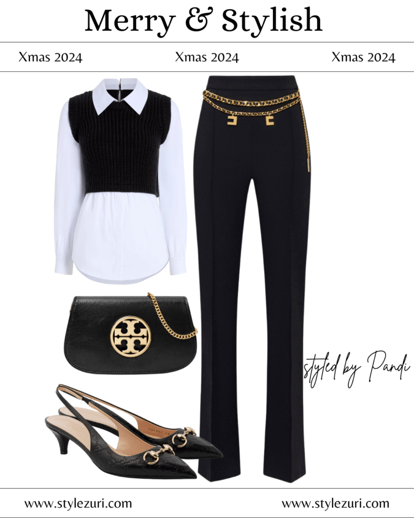 Shimmering Knit and Tailored Trousers with Chic Bag