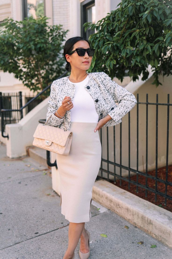 Tweed Blazer With White Tee And Midi Skirt