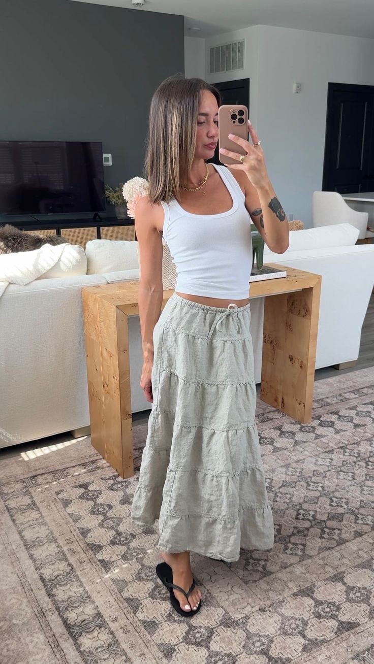 Crochet Tank Layered Over White Linen Skirt