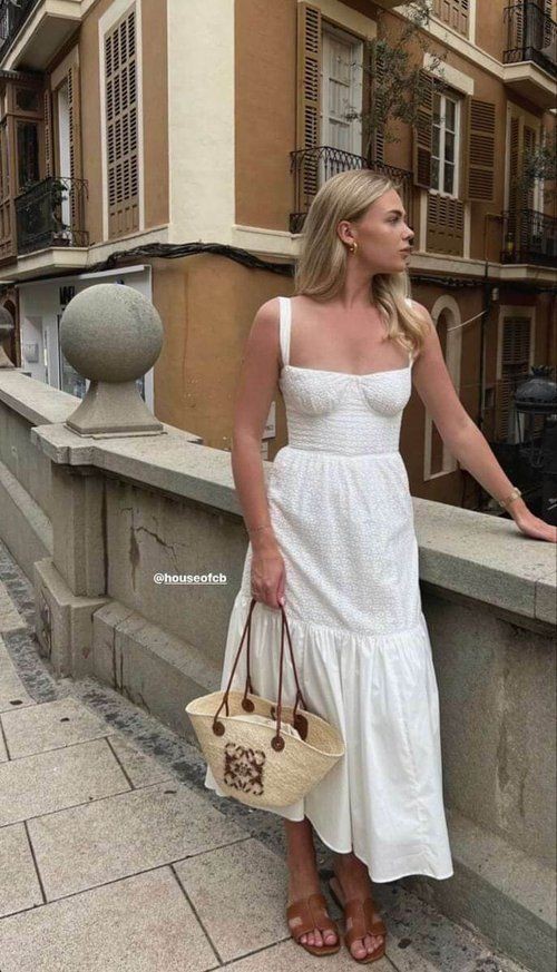 White Eyelet Dress With Raffia Bag