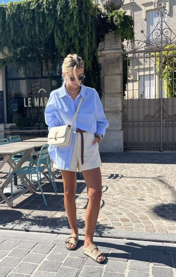 Blue-Stripe Shirt and Linen Shorts