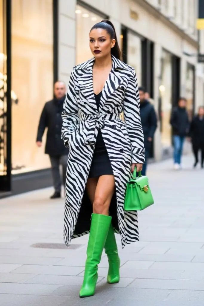 Zebra Coat Meets Bright Green for Modern Contrast