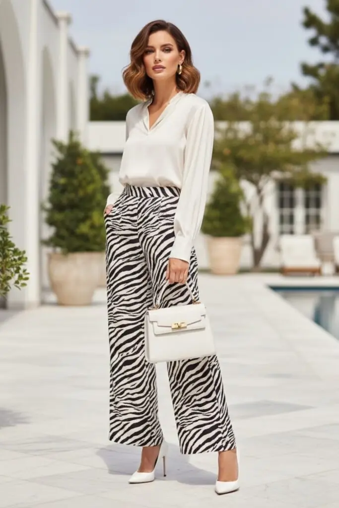 Airy Neutrals with Zebra Trousers for Effortless Chic