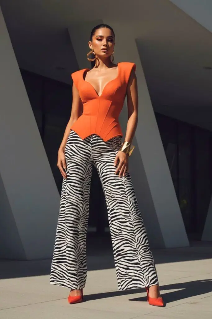 Zebra Trousers and a Sculpted Orange Corset Moment