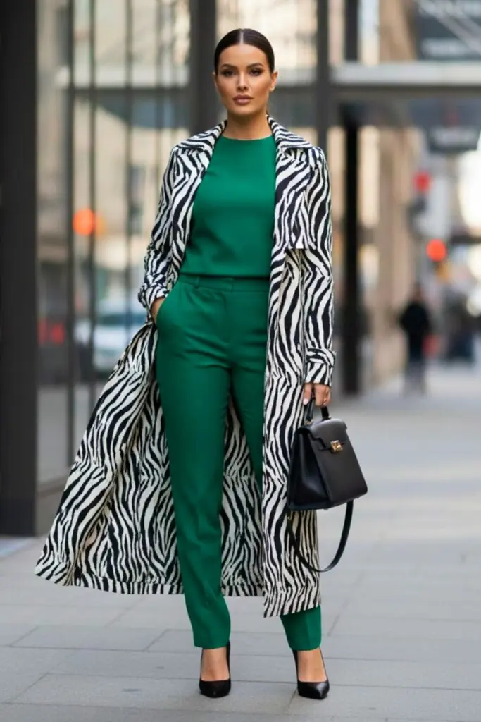 Zebra Coat Over Green Monochrome for Modern Impact