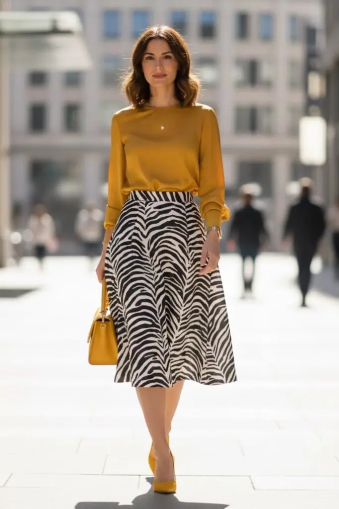 Warm Mustard and Zebra: Feminine Midi Styling