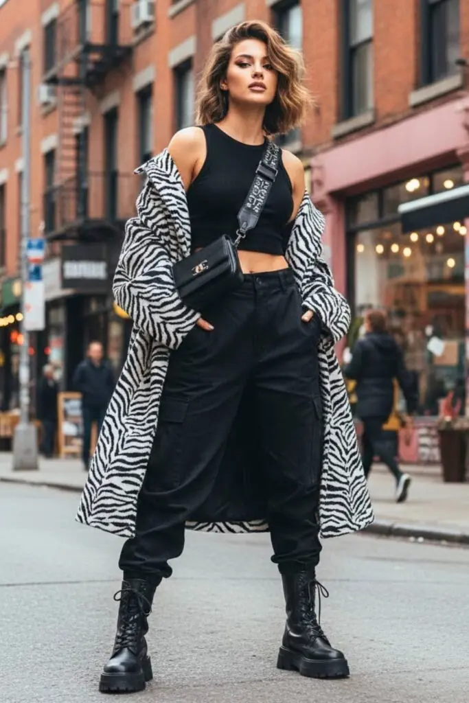 Zebra Coat with All-Black Urban Edge