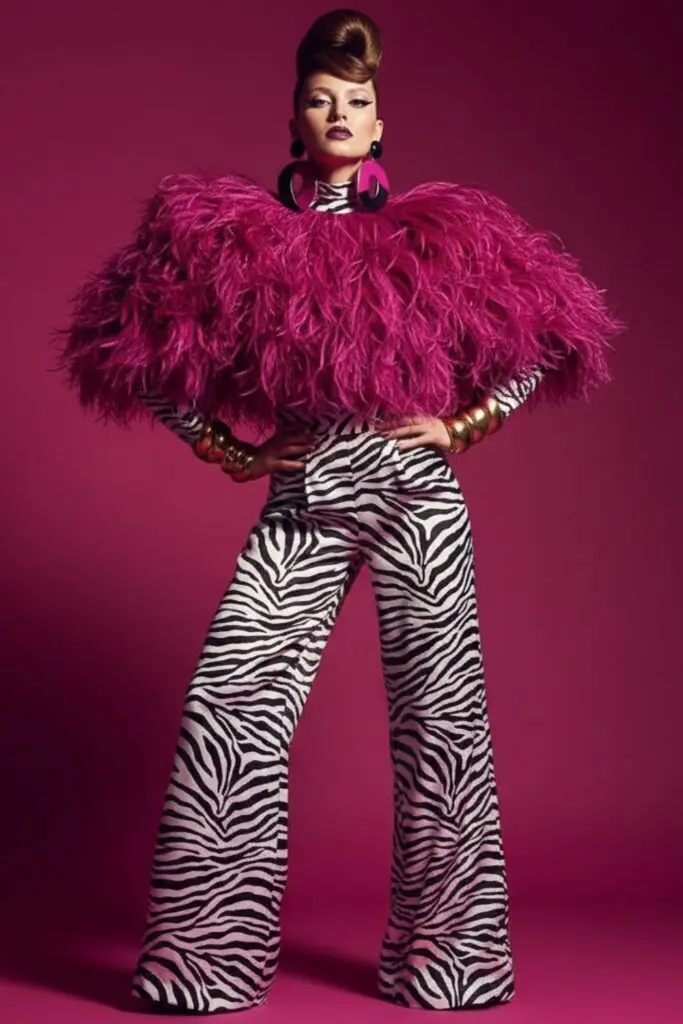 Zebra Trousers with a Feathered Fuchsia Statement Top
