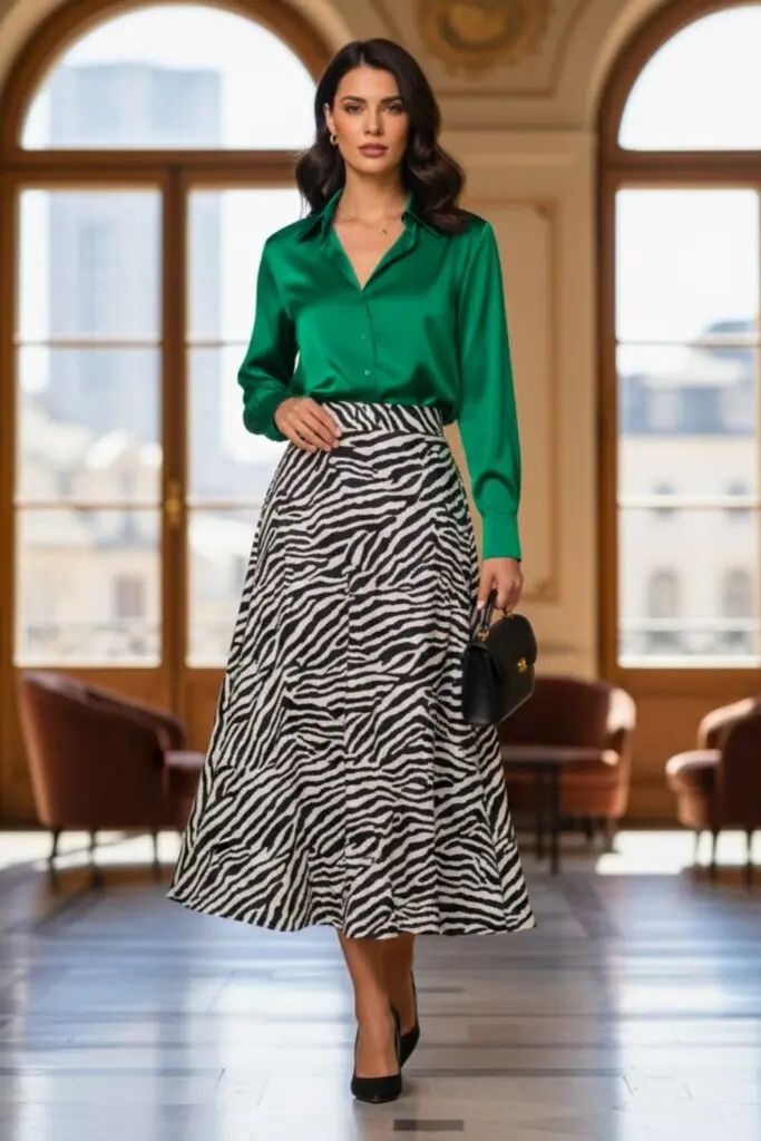 Zebra Midi Skirt and Rich Green Blouse Ensemble