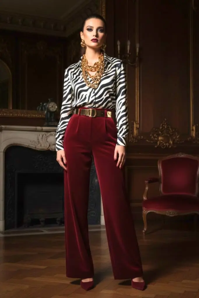 Zebra Blouse Paired with Rich Burgundy Trousers for Elegance
