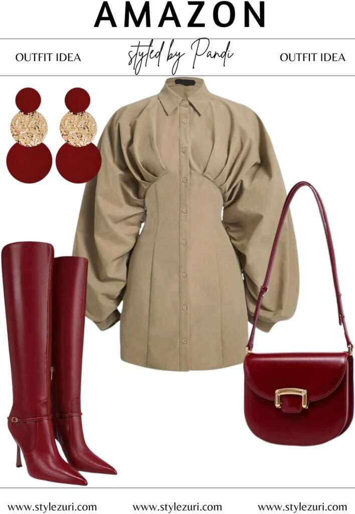 Khaki Shirt Dress with Wine-Hued Boots and Shine