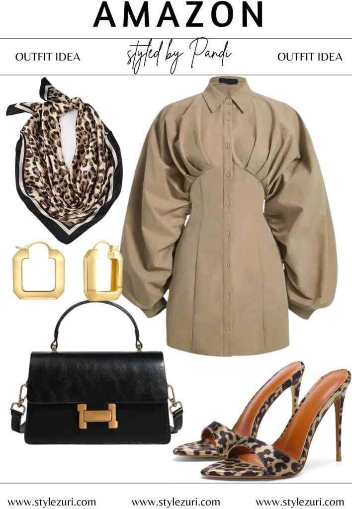 Khaki Shirt Dress with a Playful Leopard Twist
