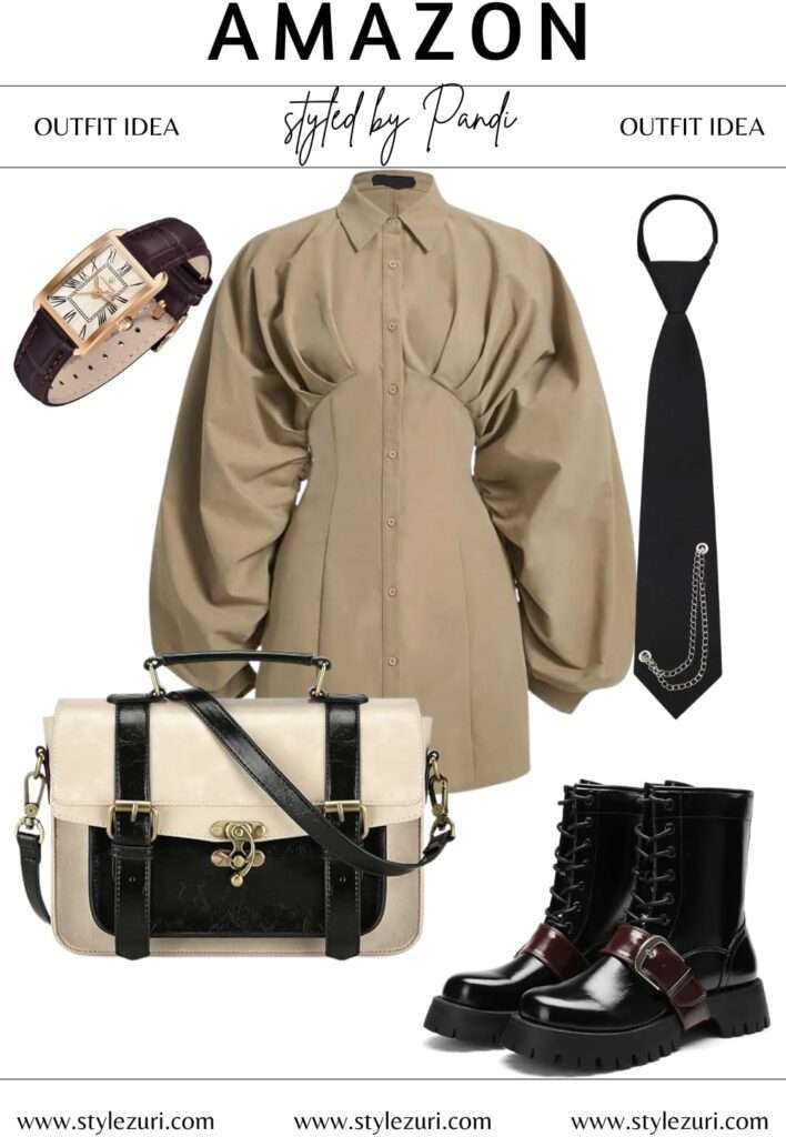 Khaki Shirt Dress Worn with Edgy Urban Attitude