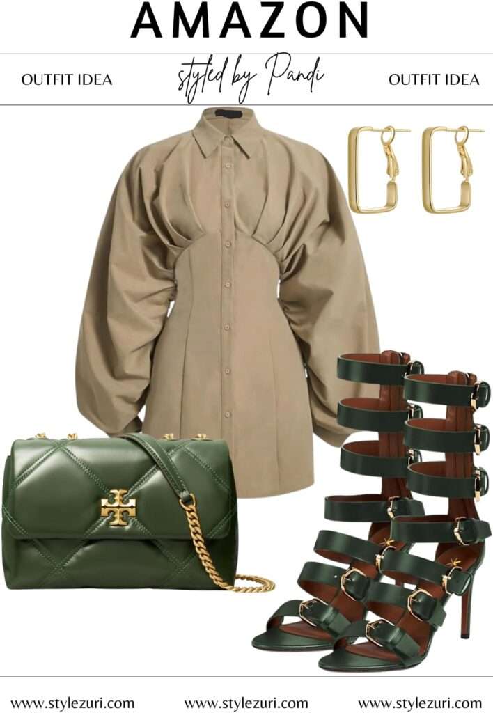 Khaki Shirt Dress Elevated with Strappy Green Accents