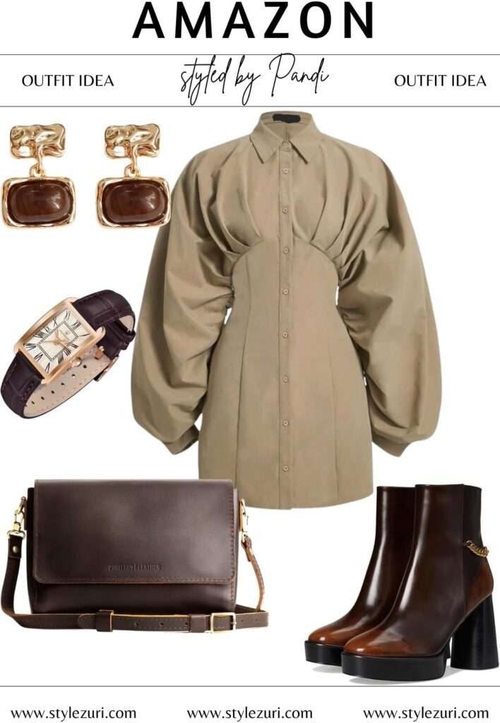 Cozy Khaki Shirt Dress with Autumnal Brown Accents