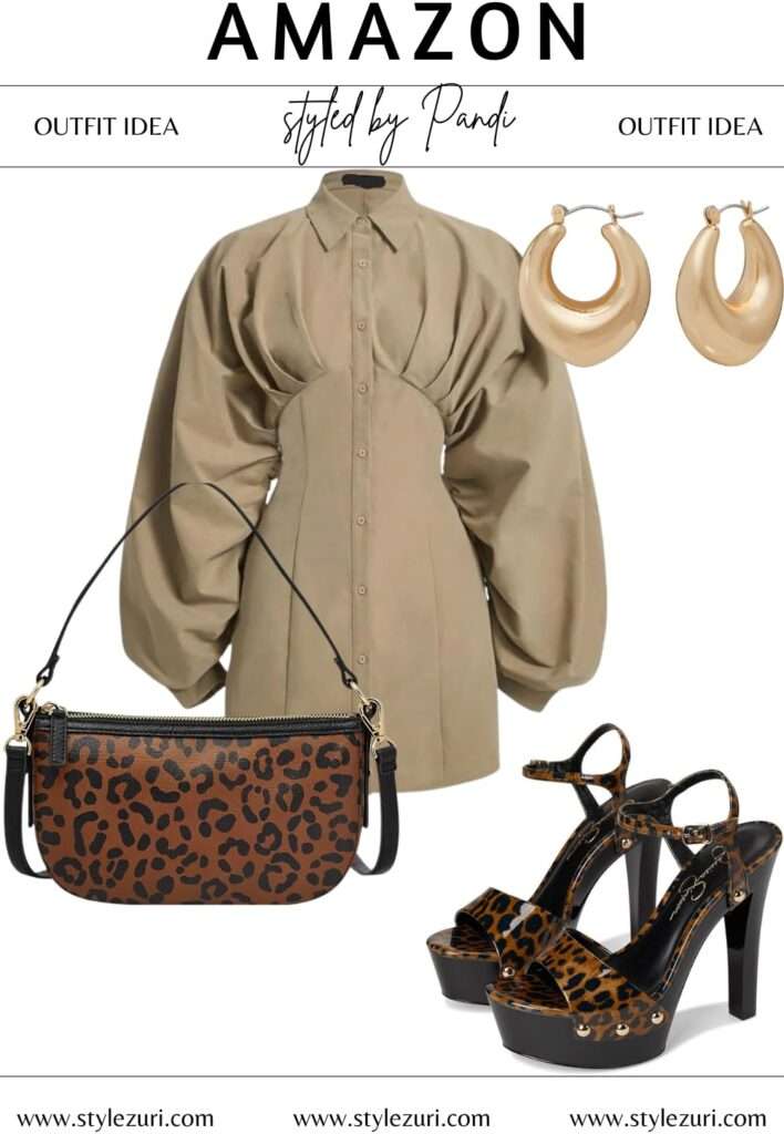 Playful Animal-Print Accents for a Khaki Shirt Dress