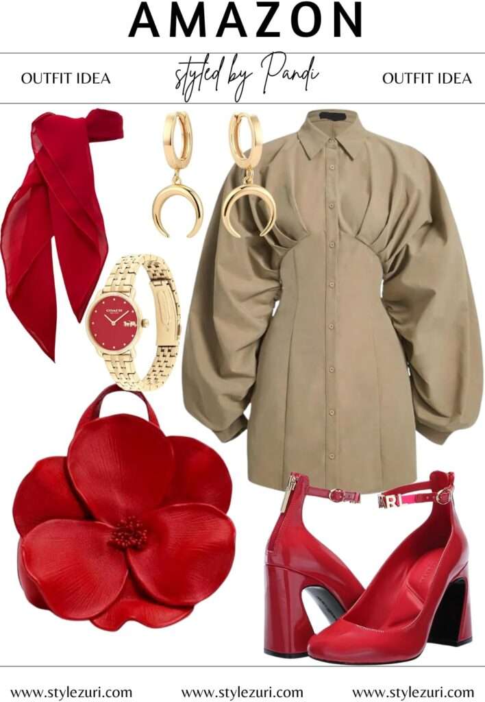 Khaki Shirt Dress with Romantic Red Accents