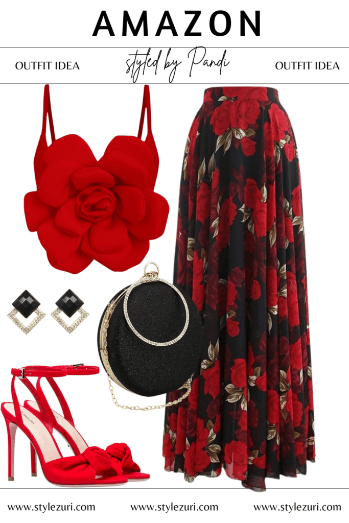 Crimson Camisole with Sculpted Blossom and Green Midi