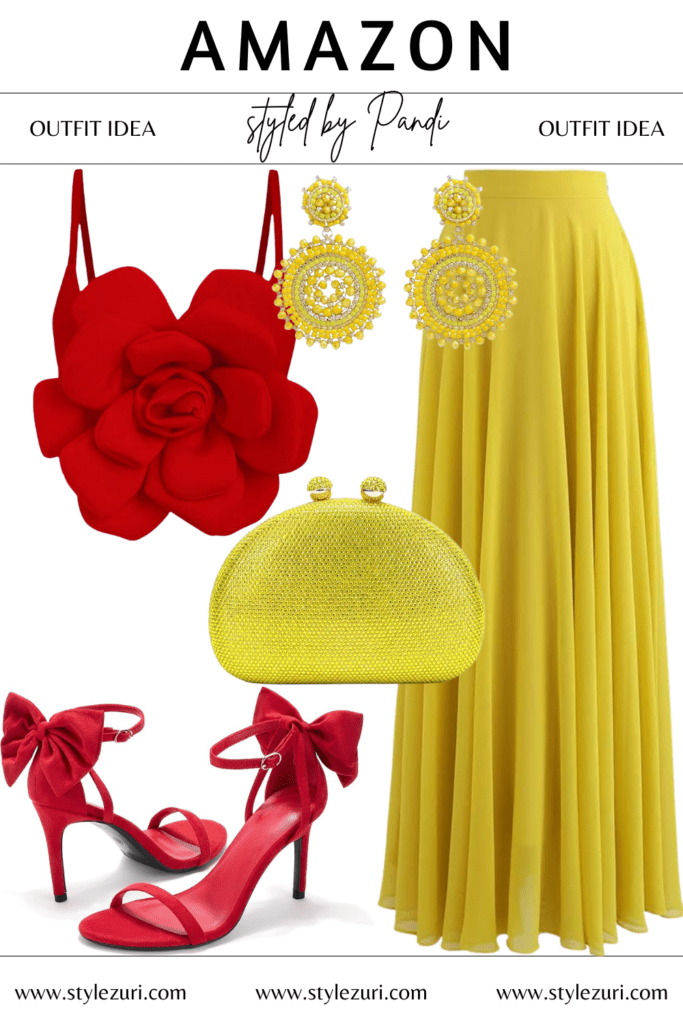 Romantic Contrast: Red Blossom Top with Emerald Chiffon Skirt