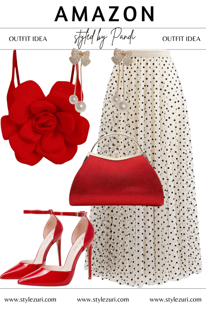Retro Charm Red Floral Spaghetti Top Evening Look