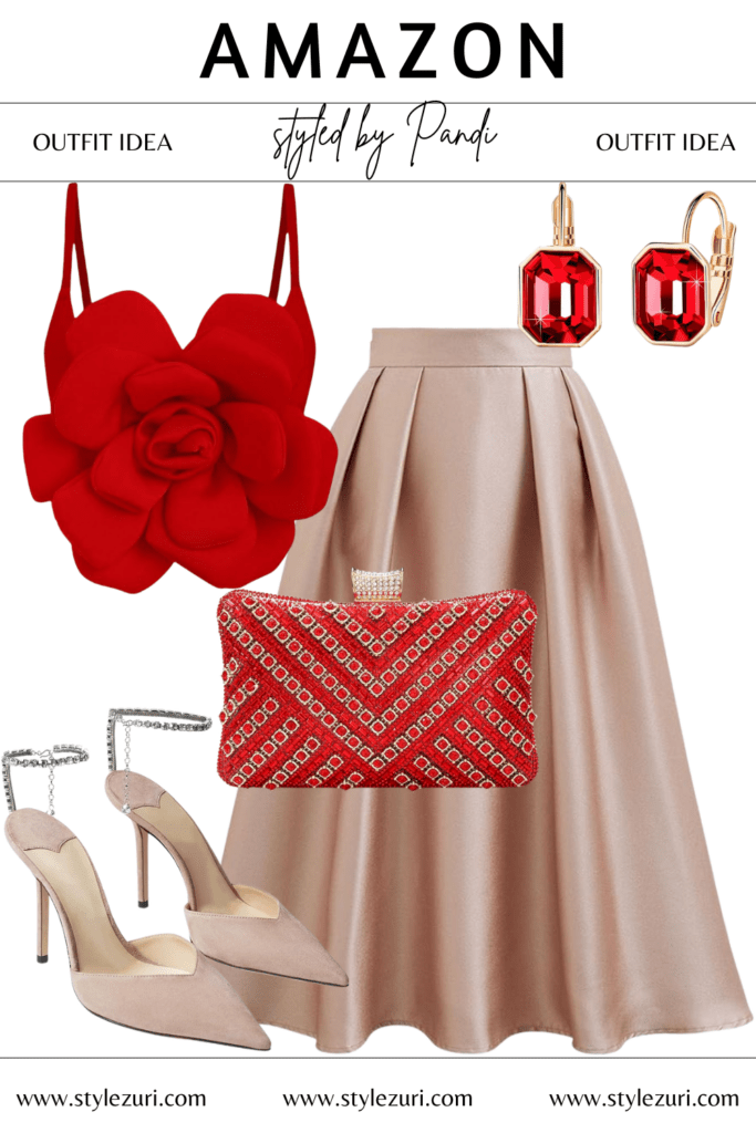 Playful Red Top Balanced with Wide-Leg Blues