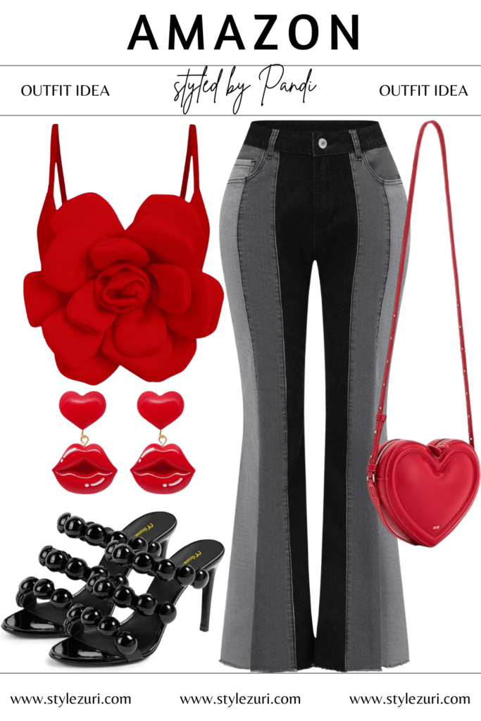 Cherry Red Spaghetti Top with Playful Denim Patchwork
