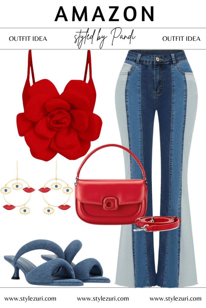 Patchwork-Perfect Lunch Look: Red Floral Spaghetti Top