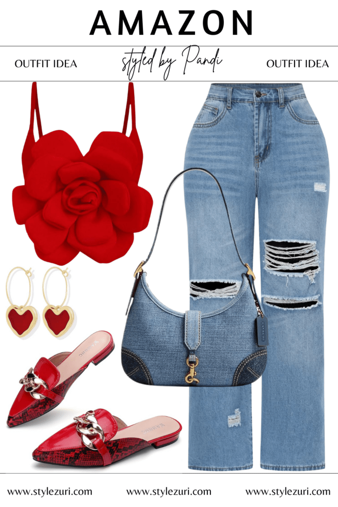 Sleek Edge: Red Floral Spaghetti and Distressed Denim