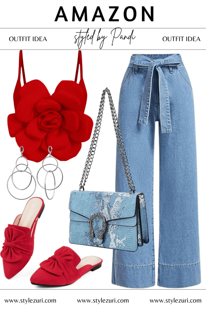 Effortless Red Floral Spaghetti Top with Denim