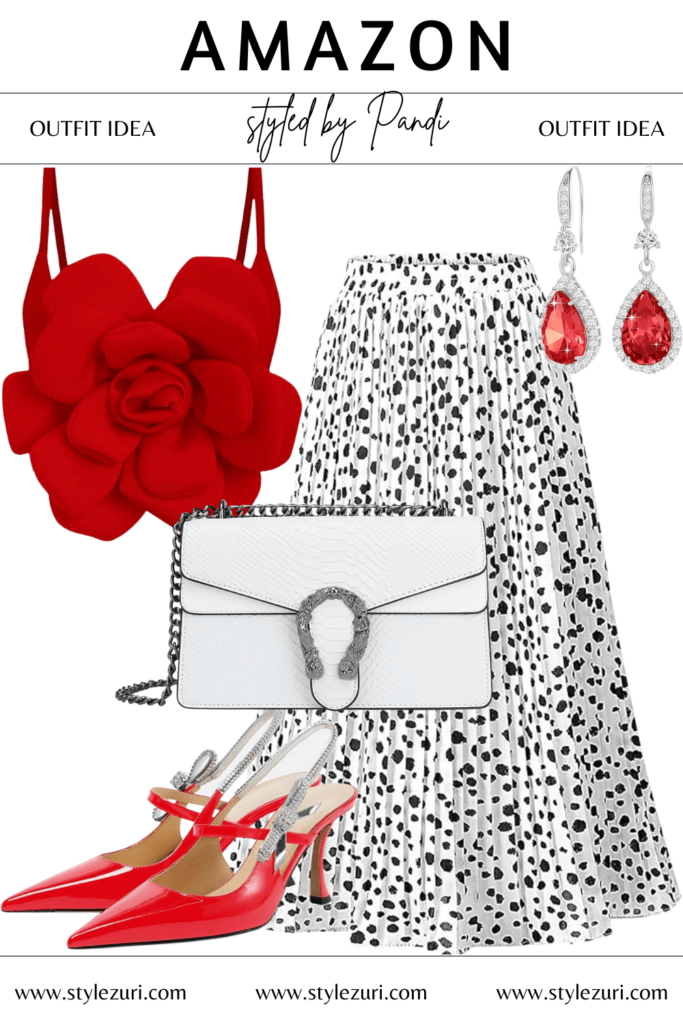 Red Bloom Spaghetti Top Meets Pleated Leopard Midi