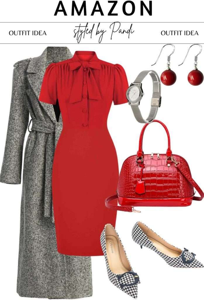 Sculpted Red Knit Dress with Statement Accessories