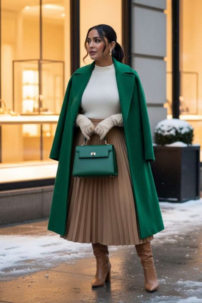 Emerald Coat and Camel Pleats for Winter Elegance