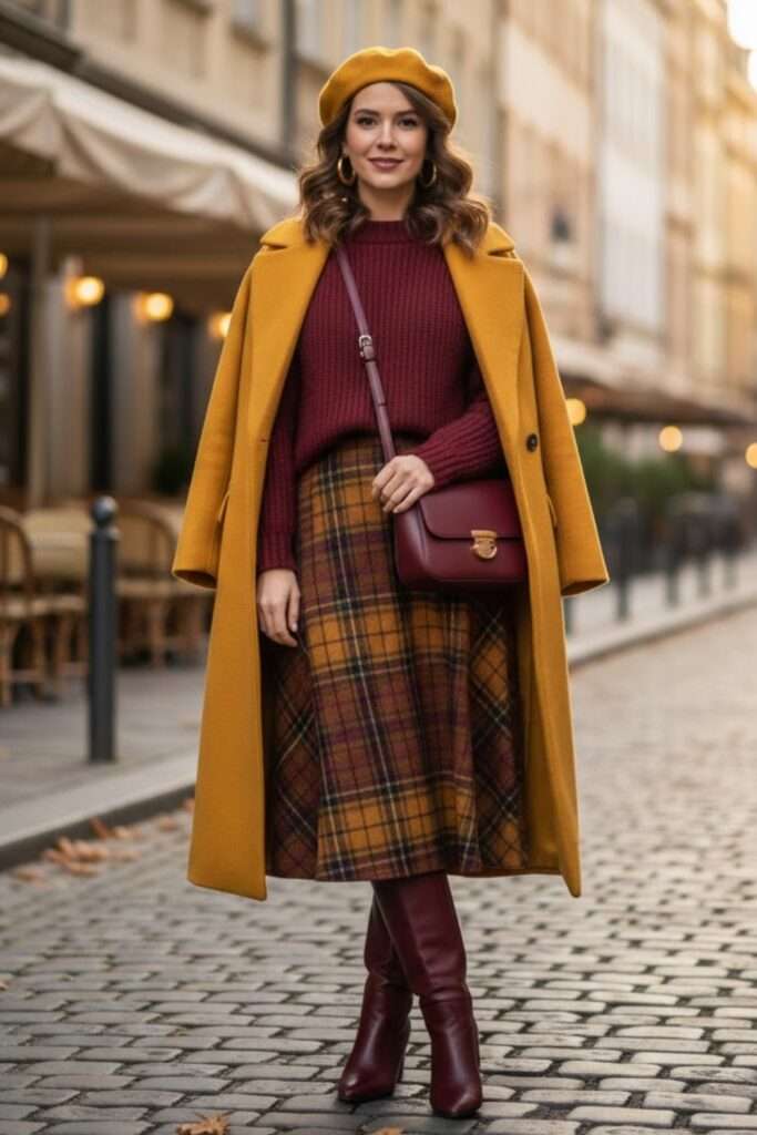 Warm Mustard and Burgundy Layers for Crisp Days
