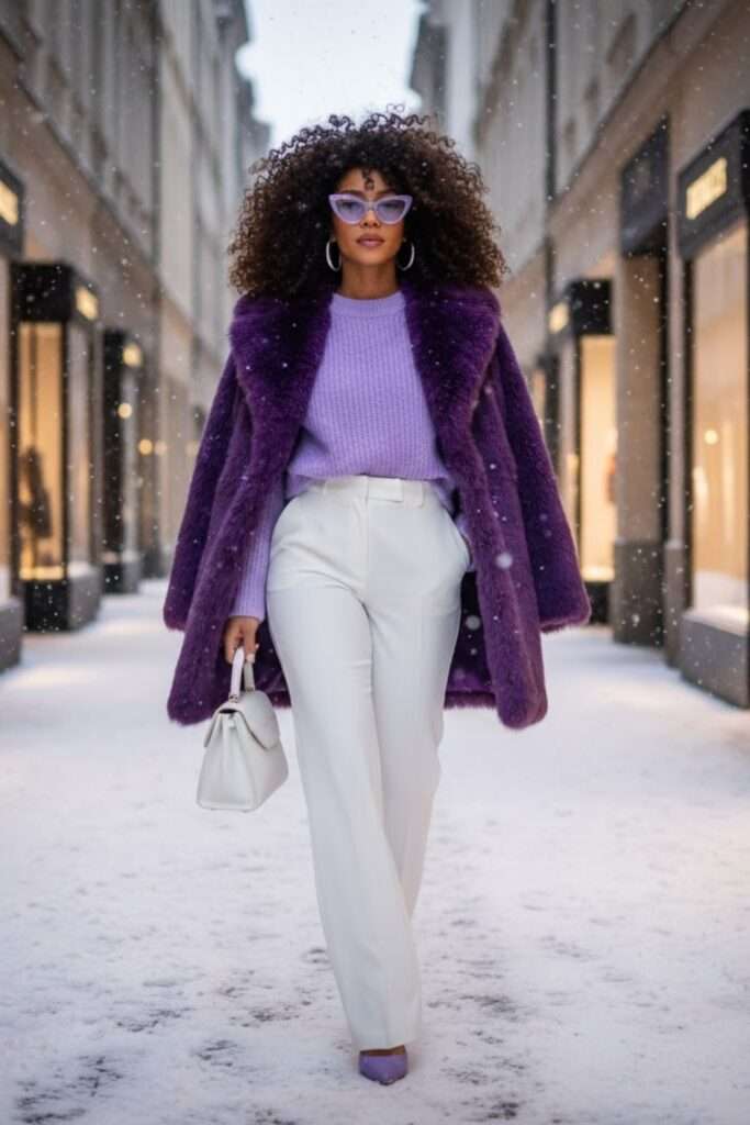 Vibrant Purple Layers with Crisp Winter Tailoring