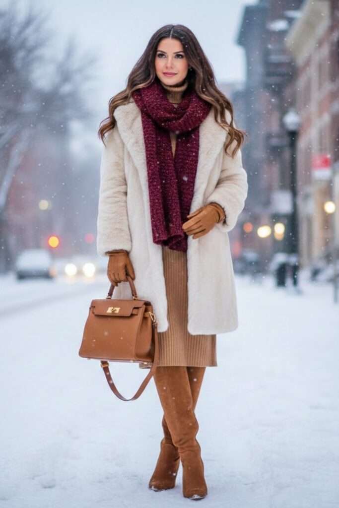 Off-White Coat with Wine Scarf for Winter Elegance