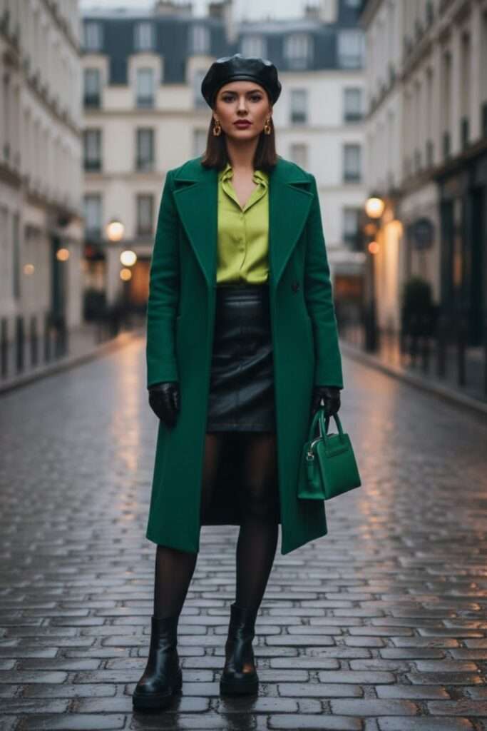 Modern Parisian Green Coat with Edgy Leather