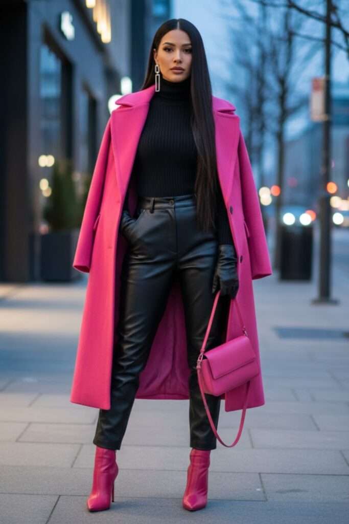 Hot Pink Coat With Black Leather Power Ensemble