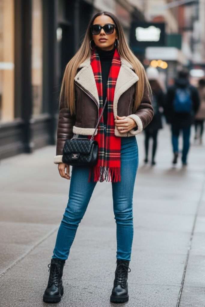 Fleece-Trim Aviator with Bright Plaid and Combat Boots