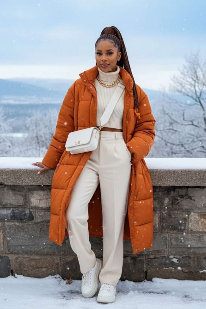 Vibrant Puffer, Quiet Neutrals: Polished Winter Ease