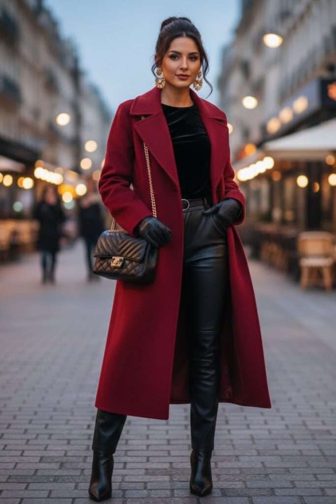 Burgundy Coat and Velvet Contrast for Refined Winter Elegance